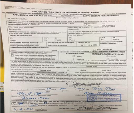 Jamee Jolly Candidate Application
